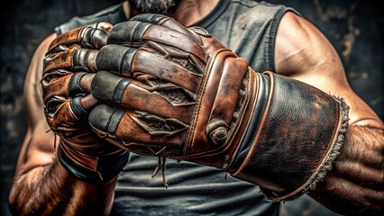 Close-up of a worn and weathered MMA glove, adorned with intricate design and torn fingers, indicating a fighter's intense battle scars and unyielding determination.