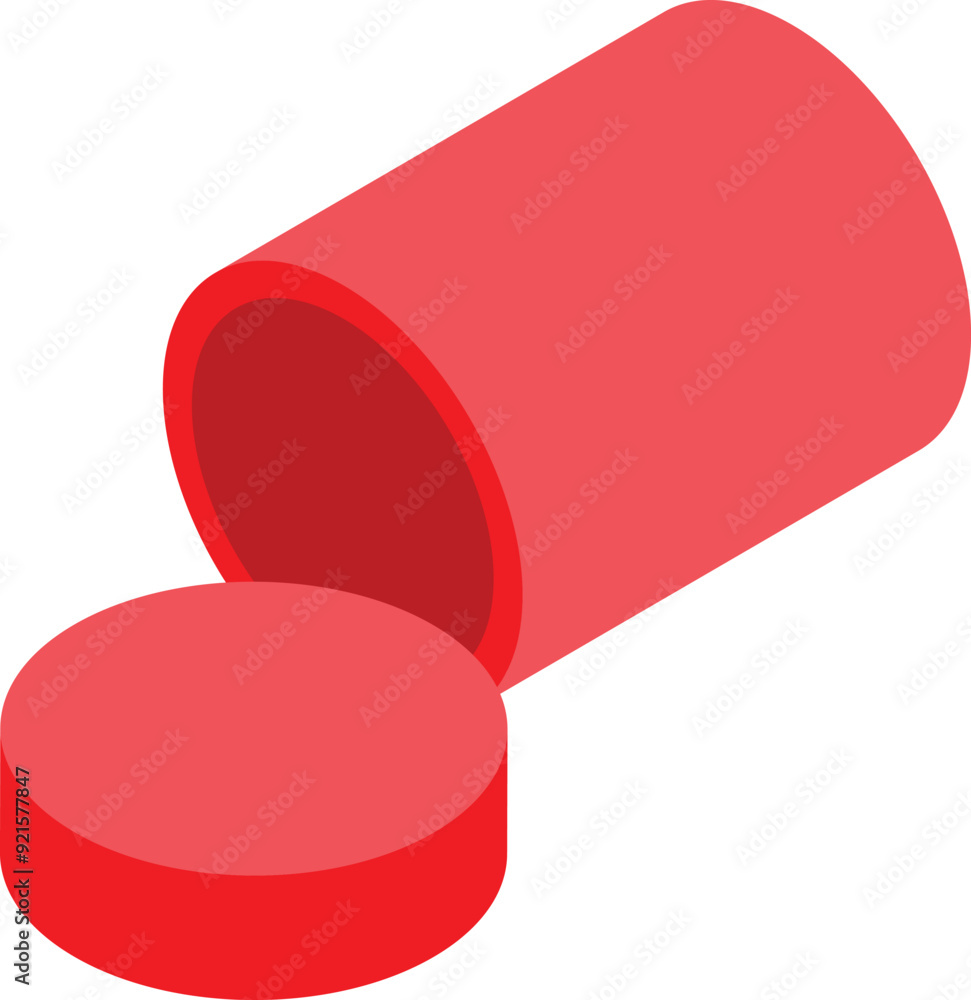 Aufkleber red cylinder container lying open with its lid next to it, isometric view