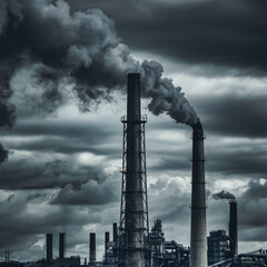 Industrial Chimney Emitting Black Smoke - Pollution and Global Warming Concept