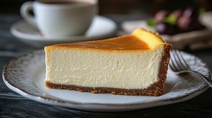 Classic cheesecake slice with caramel topping