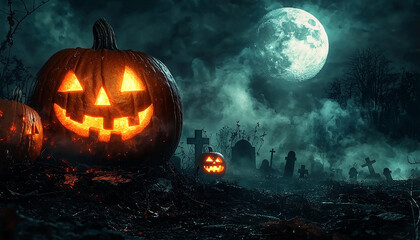 Naklejka premium Spooky pumpkin glowing in the dark night forest generated by AI