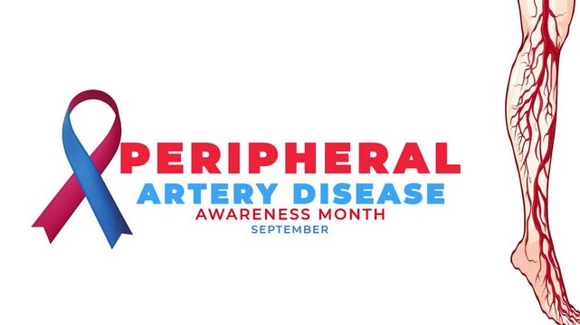 Peripheral artery disease awareness month. blue and red color ribbon with leg motion.