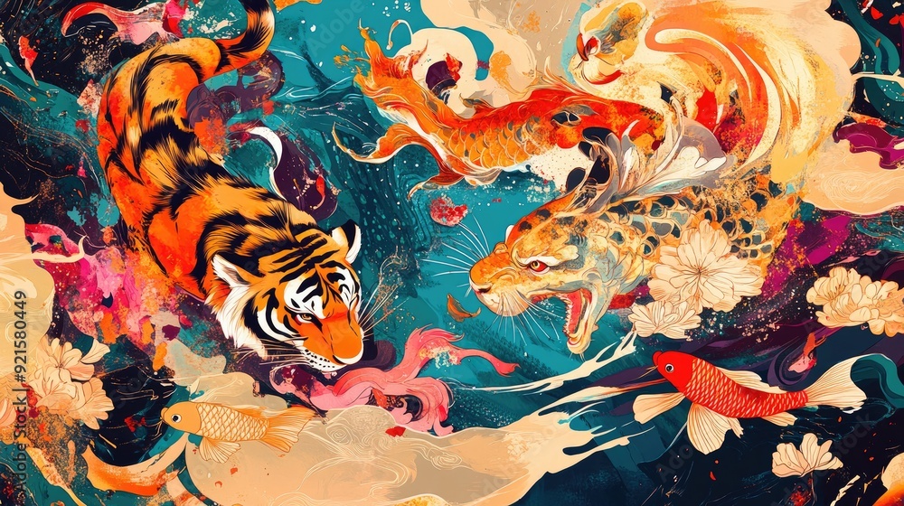Fototapete colorful abstract backdrop featuring auspicious animals including tigers, cranes, and koi fish, with