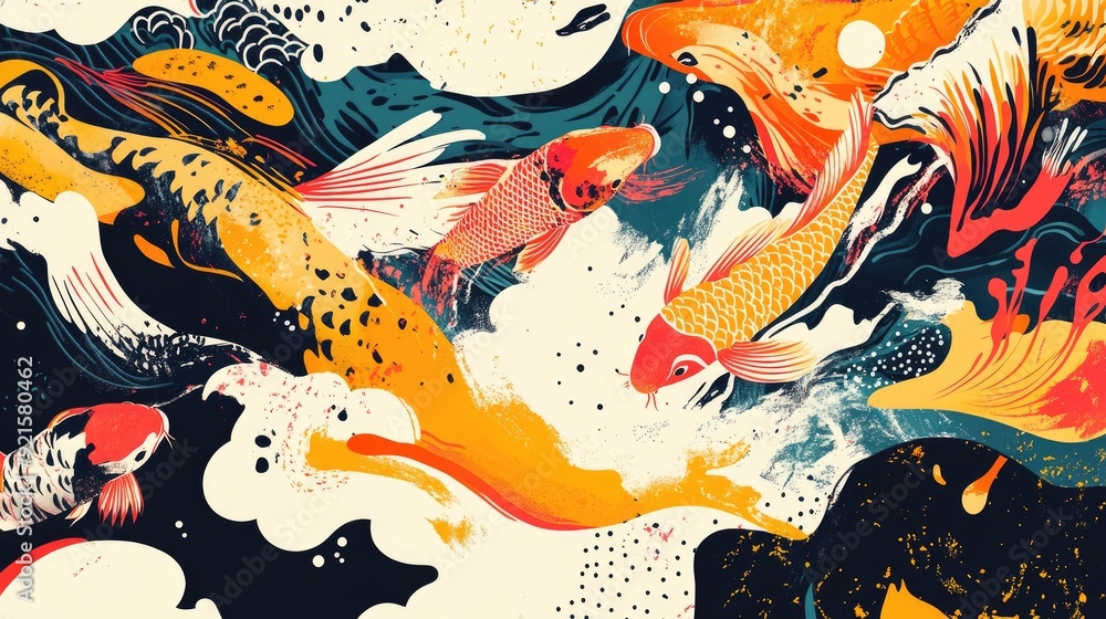 Fototapete colorful abstract backdrop featuring auspicious animals including tigers, cranes, and koi fish, with