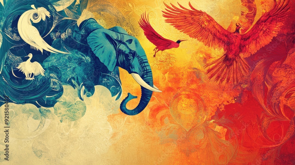 Fototapete colorful abstract background showcasing auspicious creatures such as elephants, cranes, and owls, wi