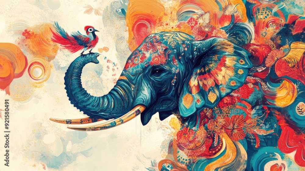 Fototapete colorful abstract background showcasing auspicious creatures such as elephants, cranes, and owls, wi