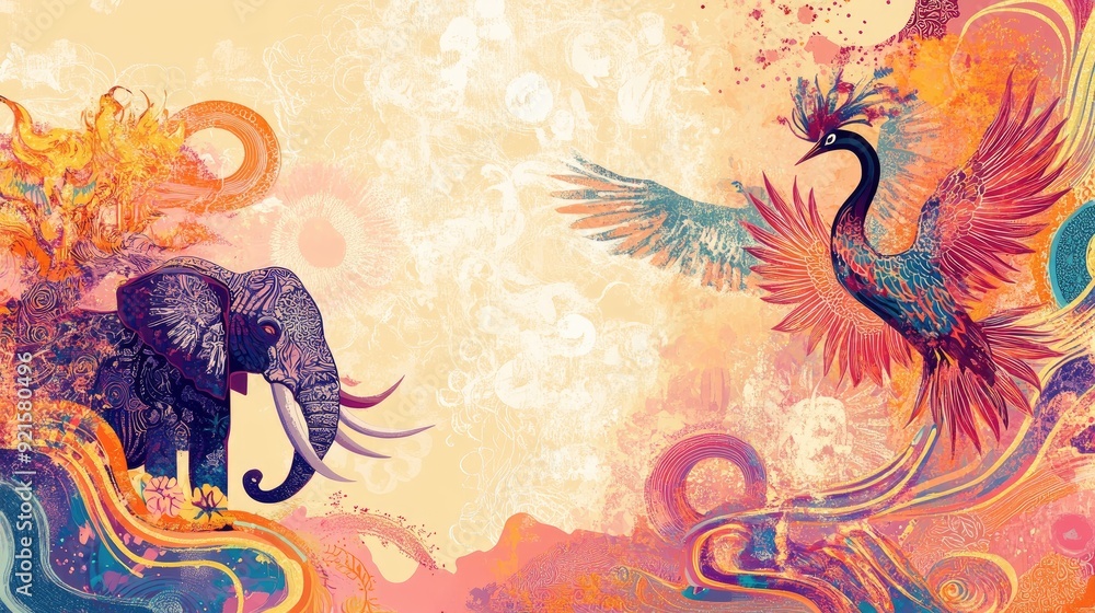 Fototapete colorful abstract background showcasing auspicious creatures such as elephants, cranes, and owls, wi
