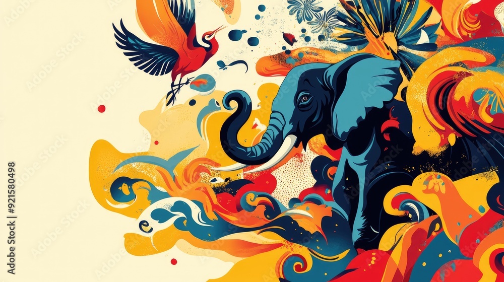Fototapete colorful abstract background showcasing auspicious creatures such as elephants, cranes, and owls, wi