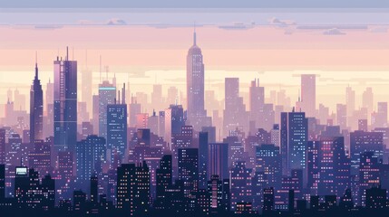 Obraz premium Pixelated cityscape with a pink and purple sunset sky.
