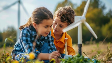 Fototapeta premium Children Learning About Renewable Energy with Wind Turbine Model