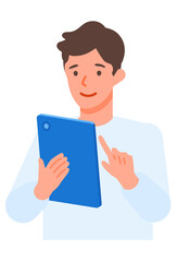 Working man. Concept for Problem Solving. Man cartoon character. People face profiles avatars and icons. Close up image of tablet man.