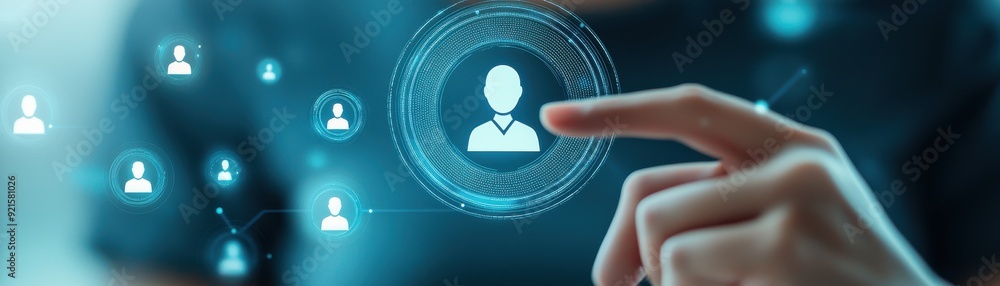 Poster futuristic user interface showcasing a hand selecting a digital profile icon, representing technolog