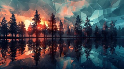 Fototapeta premium Silhouette of a forest reflected in a lake with a geometric sunset sky.