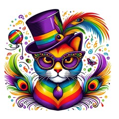 Rainbow Cat in Top Hat and Glasses