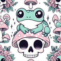 Cute Frog Sitting on a Mushroom with a Skull Illustration