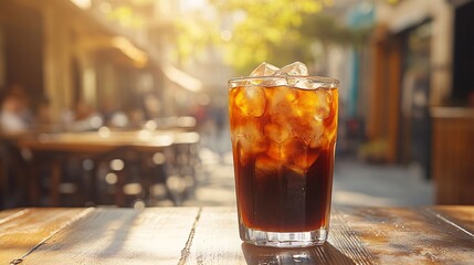 Iced coffee on rustic outdoor table