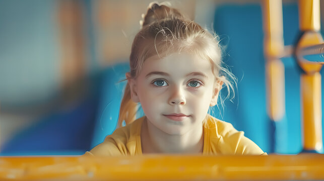 Beautiful Little Girl on Parallel Bars: Young girl performing gymnastics on parallel bars in a gym