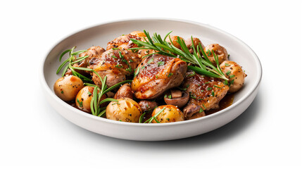 Coq au vin, a renowned French dish, with chicken, red wine sauce, and vegetables, garnished with fresh herbs on a white plate, on a white background.