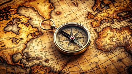 Illustrated navigation tools on a vintage map, featuring a classic compass with a prominent needle, surrounded by subtle topographic lines and geographic markers.