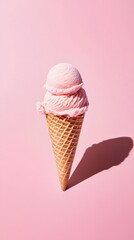 A minimalistic composition features a single homemade ice cream cone, casting a geometric shadow against a simple background.