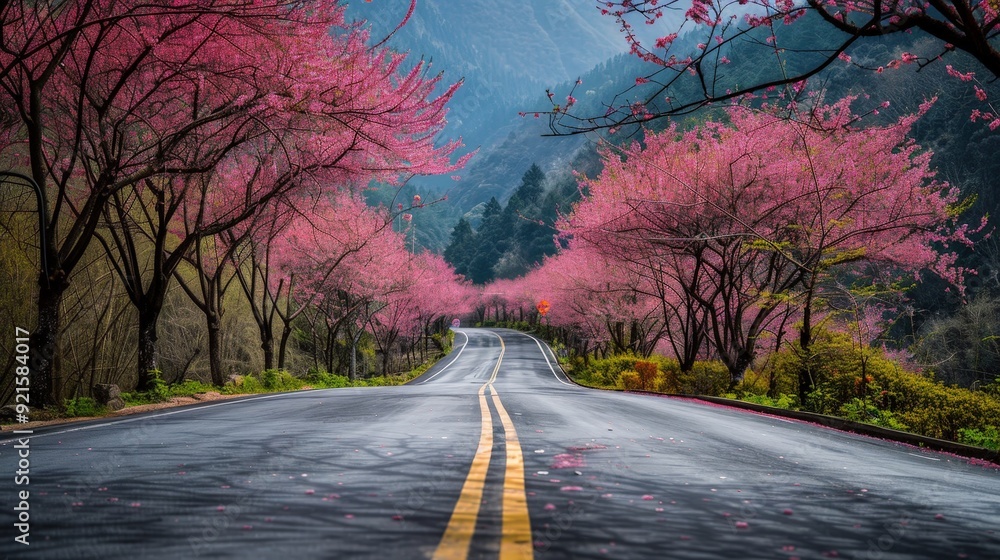 Wall mural Capture a picturesque road in the springtime, with blooming cherry blossoms lining the way, creating a beautiful and romantic scene.