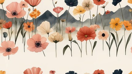 seamless pattern, A serene watercolor of a flowerfilled meadow in Oneder Land, with soft, flowing hills in the distance and a gentle stream winding through the scene