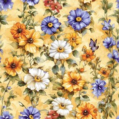 seamless pattern, A watercolor painting of an enchanted Oneder Land garden, with colorful flowers growing tall and lush, surrounded by delicate, translucent butterflies