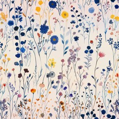 seamless pattern, A vibrant Oneder Land watercolor illustration of a field of wildflowers, the blooms bursting with color against a backdrop of towering, mystical trees