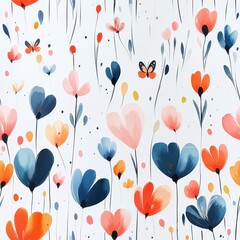 seamless pattern, A watercolor painting of an enchanted Oneder Land garden, with colorful flowers growing tall and lush, surrounded by delicate, translucent butterflies