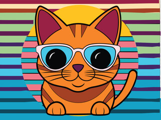 Vintage Cat Mascot with Sunglasses and Striped Shirt Logo 