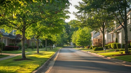 Obraz premium Capture a quiet suburban street with tree-lined sidewalks and charming houses, showcasing the peacefulness of residential life.