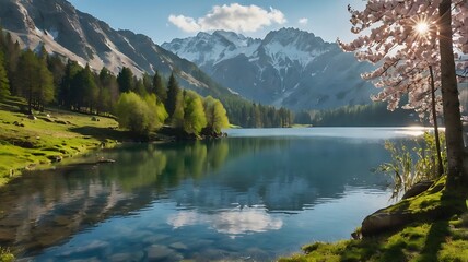 Obraz premium calm lake with snow-capped mountains reflected in the wate