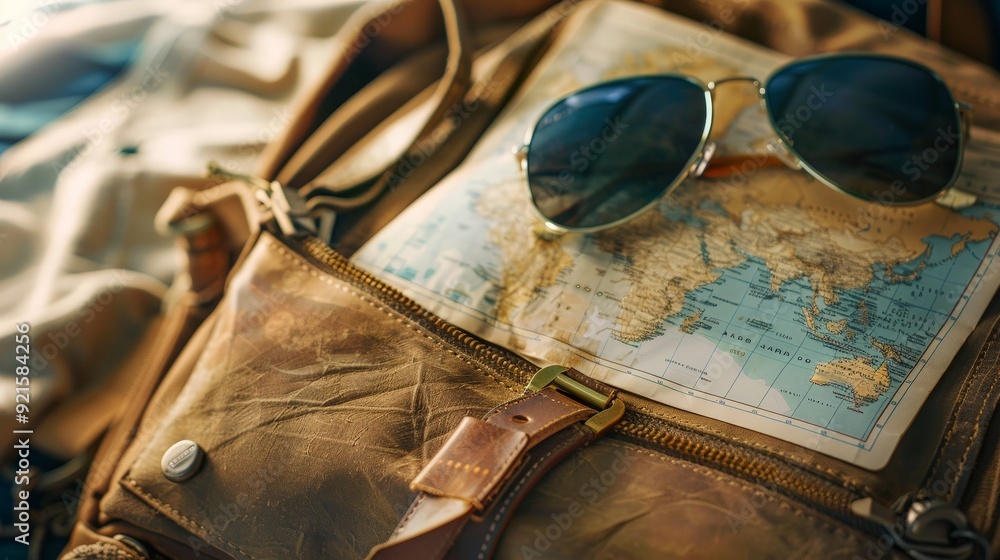 Poster capture a travel bag packed with essential items for an adventurous trip, showing a glimpse of passp