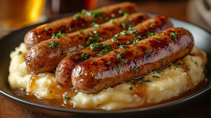 Close-Up of a Plate of Bangers and Mash with Rich Gravy
