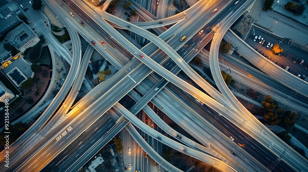 Poster capture an aerial view of a highway interchange, with intricate loops and curves forming a complex y