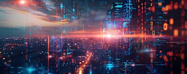 Cityscape with Digital Overlays and Binary Code at Sunset
