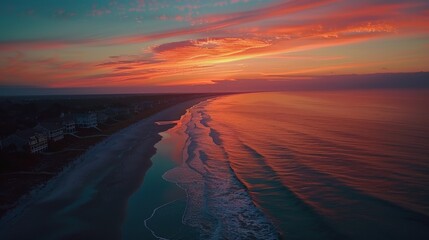 Capture the vibrant colors of a sunset over the beach from an aerial perspective, with the sky painted in hues of orange and pink.