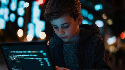 Boy with a laptop and code editor AI code assistants help error-check existing code and generate new code from text prompts