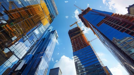 Fototapeta premium Case studies of iconic skyscrapers and their engineering feats in construction site buildings.