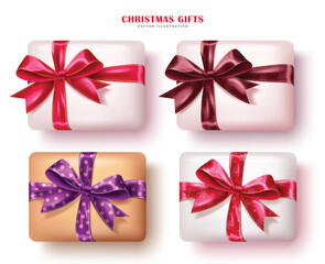Christmas gift box vector set design. Gift box elements in colorful ribbon for christmas holiday season present in white isolated background. Vector illustration 3d xmas gifts collection design.
