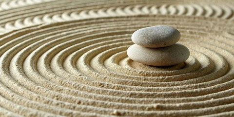 Zen stones stacked in concentric circles of sand symbolize balance, harmony and tranquility in a minimalistic and peaceful environment