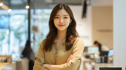 Confident Chinese beauty entrepreneur in a contemporary workspace