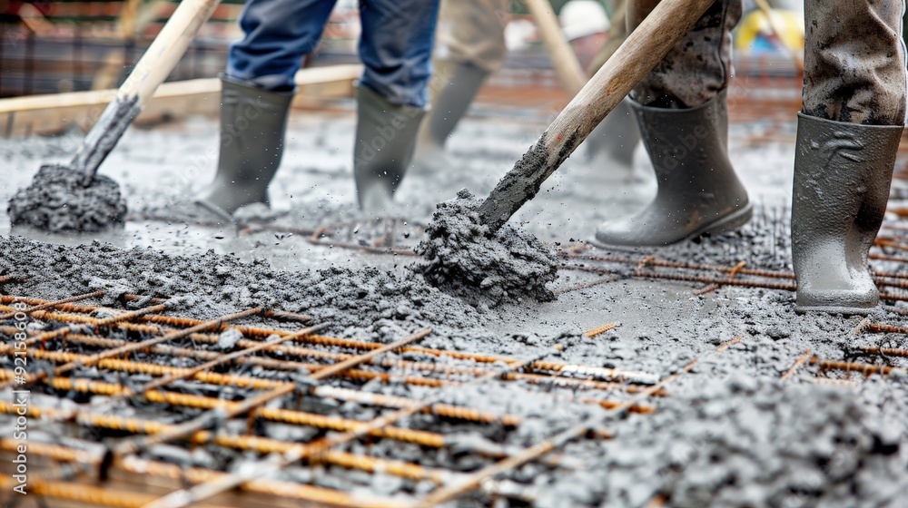 Poster construction workers pouring concrete into forms, working efficiently to create a strong and level s