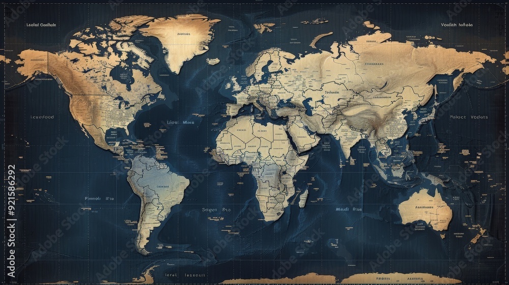 Poster create a detailed world map focused on international time zones, clearly marking the boundaries and 