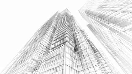 Fototapeta premium Create a detailed architectural drawing of a modern skyscraper, highlighting its sleek lines, glass facade, and intricate structural design.