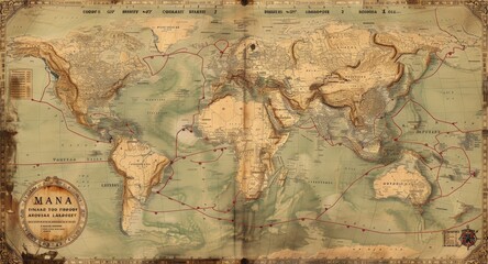 Fototapeta premium Create a detailed world map focused on trade routes, both historical and modern, including the Silk Road and major shipping lanes.