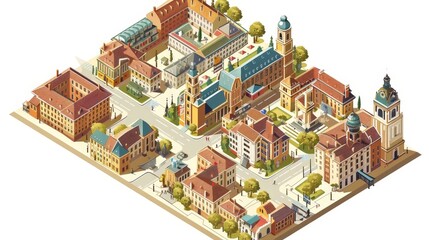 An isometric depiction of a city's historical district with preserved buildings, museums, and cultural sites, reflecting the rich heritage.