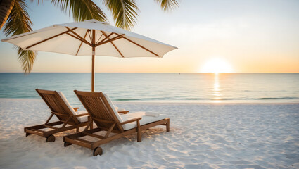 Fototapeta premium Chairs on the sandy beach near the sea. Summer holiday and vacation concept for tourism. Inspirational tropical landscape.
