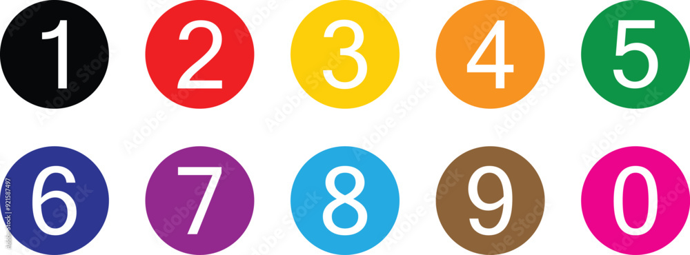 Poster simple round numbers icon set of 0 to 9. number in different color circle vector illustration.