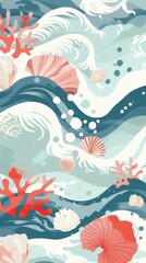 Colorful coral and seashells rest among gentle waves in a tranquil underwater landscape